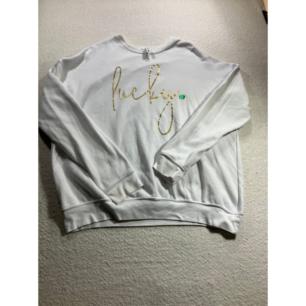 Bella Canvas White Lucky Sweatshirt Gold Graphic Shamrock St Patricks Day XL